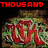 Animated sequence of red text over a green and brown background with repeated red shapes, displaying phrases like 'THOUSAND', 'FOOT', 'KRUTCH', 'SET', 'IT', 'OFF' in pixelated font.