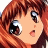 Pixelated anime-style character with reddish-brown hair and large eyes, side profile against black background with silver text.