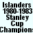 Pixelated text displays 'Islanders 1980-1983 Stanley Cup Champion' with blue rectangular overlays shifting across the text in a sequence.