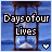 A contact sheet of 18 animated frames showing a static hourglass icon with "Days of Our Lives" text over a blue background, each frame containing a small heart symbol in the bottom-right corner.