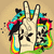 Two side-by-side pixelated hands with rainbow-colored hair, black birds perched on fingers, and a green base against a beige background.