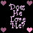 Pixelated text 'Does He Love Me?' in light purple appears four times on a black background, surrounded by pink and purple heart icons.
