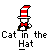 Pixel art of a white cat wearing a red-and-white striped hat and red bow tie, standing above text reading 'Cat in the Hat' on gray background.