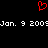 Red pixelated heart symbol above white text reading 'Jan. 9 2009' on black background.