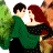 A pixelated animated contact sheet showing two frames of a cartoon couple embracing, with green text reading "Original Icons .com" on the right side against a dark green background.