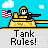 Pixel art tank with cartoon driver holding a rifle, American flag on left side, blue sky background with white clouds, gray ground strip below.