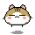 Pixel art of a round hamster-like character with brown and white fur, pink cheeks, and small ears in four variations showing different body positions.
