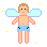 Pixelated character with light brown hair, pink cheeks, and blue wings in two poses against gray background with scattered white and yellow dots.