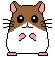 Pixel art hamster with brown and white fur, pink ears and feet, black eyes, whiskers, and a small nose in six distinct expressions.