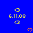 Blue background with yellow text and orange hearts; three of identical elements showing '<3 6.11.08 <3' in pixelated font, some frames include small heart symbols