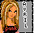 Pixelated cartoon-style buddy icon featuring a female character with long blonde hair wearing a black top with red text, set against a gray background with vertical white text reading "AURIL" on the right side.