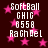 Pixelated text and pink stars on a dark background, with repeated lines of 'SoftBall', 'GHIG', '0558', 'RaChel' in white block letters.