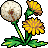 Pixel art of a dandelion plant with a white seed head, two yellow flower heads, green stems, and green leaves on a gray background.