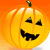 Pixelated orange pumpkin with carved triangular eyes, a curved nose, and jagged mouth against an orange gradient background.