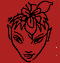 Red background with a stylized female face, white cartoon character running across the image, and black-and-white portrait