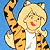 Pixelated cartoon character in tiger costume with raised arm next to green text logo on blue background.