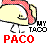 Pixelated icon of a yellow taco with pink filling, black outline, and red text reading 'PACO' below.
