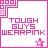 Pixelated pink and white icon with 'TOUGH GUYS WEARPINK' text, a star symbol, and geometric border elements.