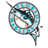 Pixelated circular icon with blue and white checkered pattern, black accents, and a small orange detail on the left side.