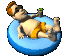 A cartoon baby with orange hair and sunglasses floats on a blue ring holding a green drink, legs bent in various positions across frames.