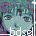 Animated sequence of a stylized figure with teal hair and purple clothing against a pixelated background, displaying sequential facial expressions and hand movements.