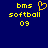 Yellow pixelated text 'bms softball 09' on dark blue background with a yellow heart symbol above the word 'softball'.