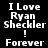 Pixelated text "I Love Ryan Sheckler! Forever" appears on a black background with red gradient effects in two distinct states.