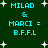 Green background with cyan text and white stars; text reads "MILAD & MARCI = B.F.F.L" in two identical with slight variations in star positions