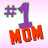Pixelated graphic displays "#1" in purple with green outline above red "MOM" text on light pink background.