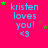 A bright pink background displays repeated text 'kristen loves you! <3' with green and red star icons scattered around.