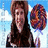 A woman with long brown hair and a red headband holds a large swirled lollipop against a blue sky background, while another figure appears on the right.