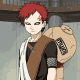 Red-haired character with white face paint and black eye markings stands with a large brown sack on back, transitioning through smoke effects.