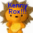 A pixelated orange lion with brown spiky hair stands against a white background, displaying blue text above its head that changes across frames.