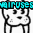 Pixelated cartoon dog with black outlines and cyan text overlays in a four