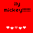 Red background with black text 'ily mickey!!!!!!' and five white hearts, one pink heart, and one white heart changing position.