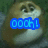 Animated sequence of a cartoon character with brown and white fur, showing facial expression changes from neutral to smiling while blue text appears.