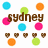 Pixelated icon set with brown 'sydney' text, colorful circles in cyan, orange, green, pink, and small checkered hearts on white background.