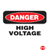 A static pixelated image shows a red oval sign with 'DANGER' text above 'HIGH VOLTAGE' in black block letters on a white background.