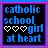 Pixelated icon with blue text reading 'catholic school girl at heart' and three white pixel hearts on a black background, framed by purple border.