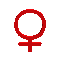 Red female gender symbol icons in various 3D and flat pixelated styles arranged in a , with some showing rotation or perspective changes
