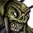 Pixelated green-skinned monster with large eyes, sharp teeth, and dark hair, holding a staff-like object against white background.
