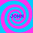 Four identical spiral patterns in cyan and magenta with the text 'JOHN' in purple at the center of each spiral.
