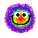 Two pixelated circular icons with rainbow gradient faces, purple outer edges, and black outlines; left icon has closed mouth smile, right icon has tongue sticking out.