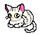 Pixel art cat with gray stripes, pink inner ears, yellow eyes, and a curled tail in various poses on solid gray background.