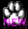 A pixelated paw print icon with white pads and gray outline on black background, featuring pink gradient text 'MEW' below the print.