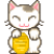 Pixel art cat with closed eyes, pink inner ears and mouth, holding a golden coin in both frames.