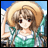 Pixelated anime-style character with brown hair and red eyes in a green dress, next to stylized text on a black background.