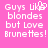 Pixelated text on pink background with 'Guys like blondes but love Brunettes!' and a heart symbol replacing 'like' in the left view.
