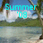 Pixelated beach scene with turquoise text 'Summer '08' overlaid on a blue sky, white clouds, green foliage, and calm water.