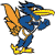 Pixelated blue bird-like character with orange wing, yellow beak, and yellow shoes, standing in profile with one wing raised.